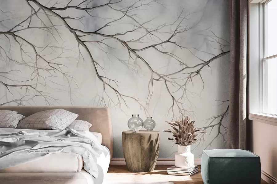 Fototapete Baumzweige mit einem Aquarell strukturierte Wirkung , komplizierte Details, weiche Farbpalette, vor einem hellen Hintergrund w09337