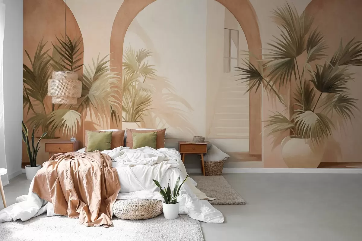 Fototapete Strukturierte Bögen mit Topfpflanzen, hellbeige Farbpalette, minimalistisches Design, Treppenhaus im Hintergrund w09339