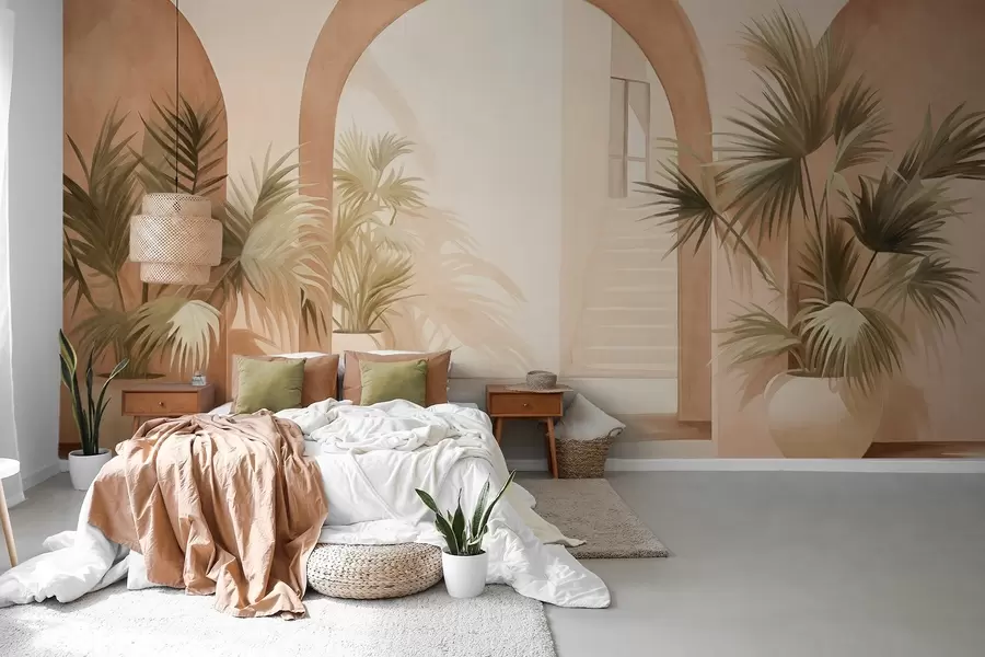 Fototapete Strukturierte Bögen mit Topfpflanzen, hellbeige Farbpalette, minimalistisches Design, Treppenhaus im Hintergrund w09339