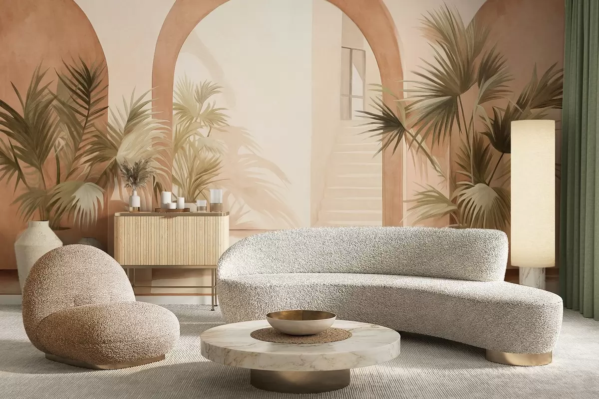 Fototapete Strukturierte Bögen mit Topfpflanzen, hellbeige Farbpalette, minimalistisches Design, Treppenhaus im Hintergrund w09339