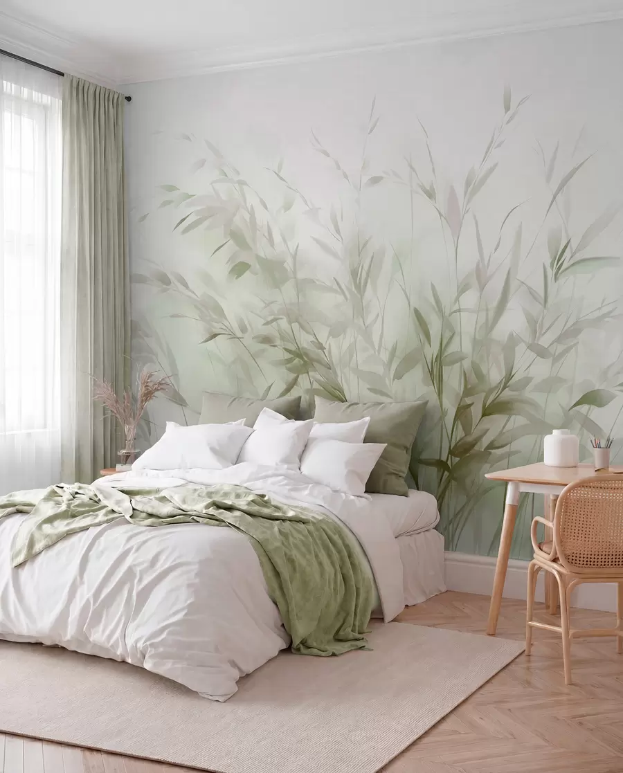 Fototapete Gras und Unkraut mit dünnen Blättern und Stängeln, hellgrüne und braune Farben, weiche und zarte Pinselstriche, minimalistischer Druck w09342