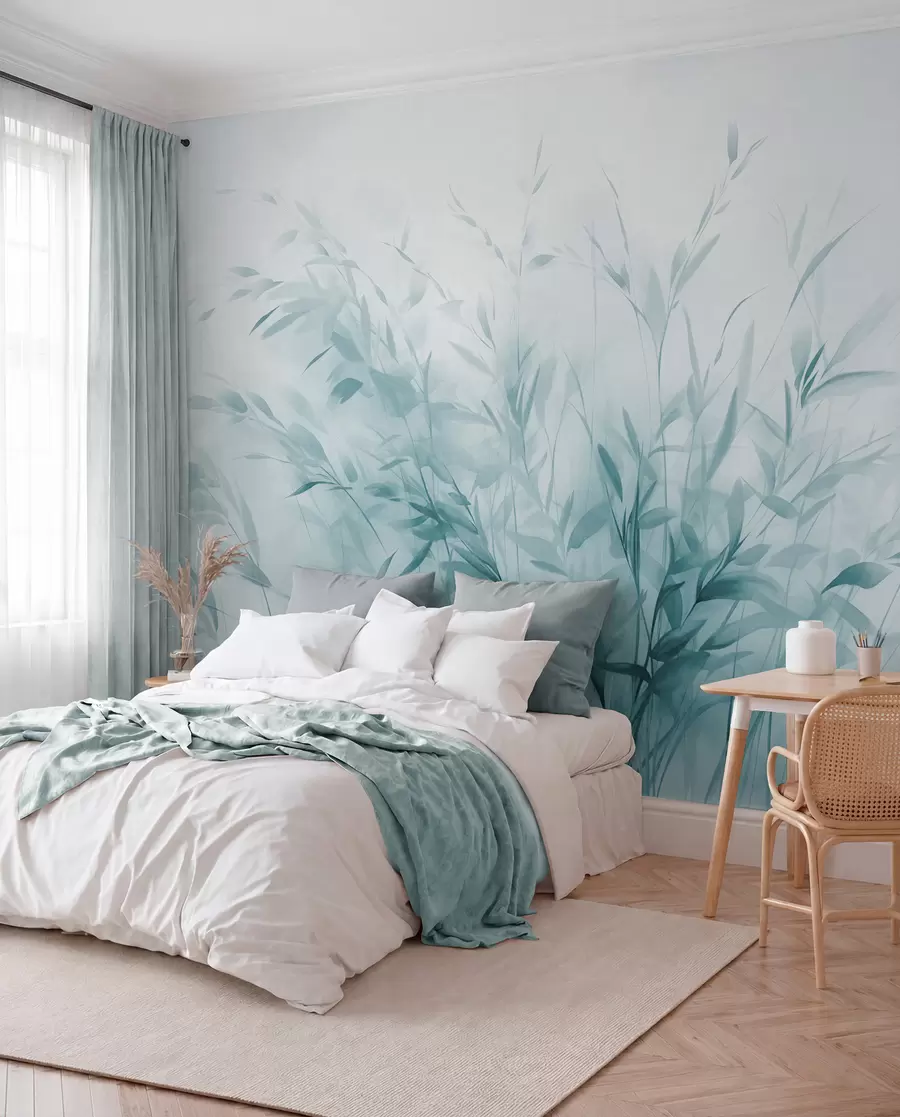 Fototapete Gras und Unkraut mit dünnen Blättern und Stängeln, hellblaue Farben, weiche und zarte Pinselstriche, minimalistischer Druck w09342v1