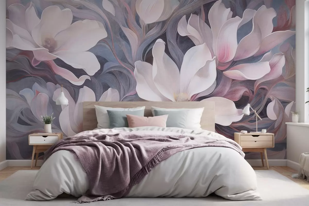 Fototapete Strukturiertes Gemälde mit weißen Magnolienblüten mit rosa Akzenten vor einem Hintergrund aus wirbelnden, gedämpften Blau- und Grautönen w09344