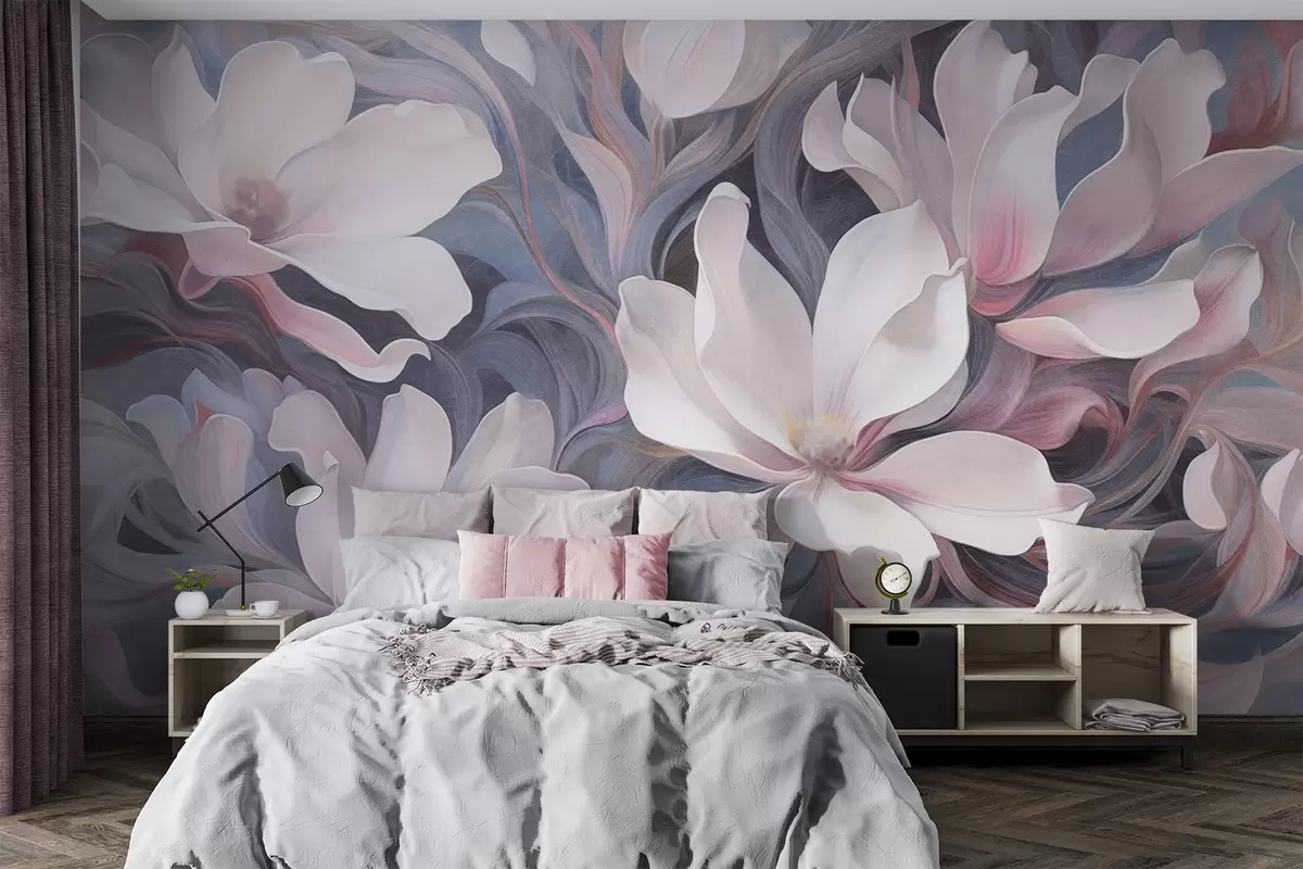 Fototapete Strukturiertes Gemälde mit weißen Magnolienblüten mit rosa Akzenten vor einem Hintergrund aus wirbelnden, gedämpften Blau- und Grautönen w09344