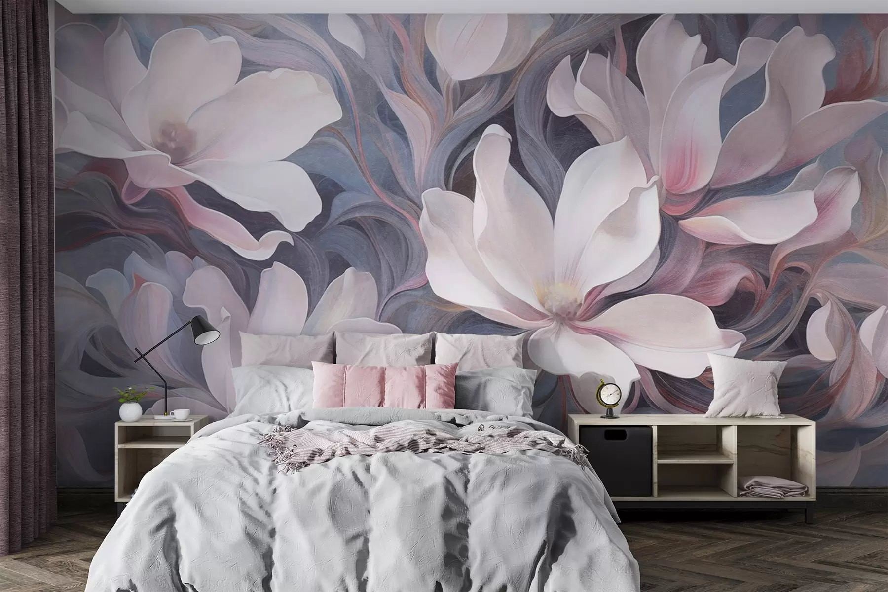 Fototapete Strukturiertes Gemälde mit weißen Magnolienblüten mit rosa Akzenten vor einem Hintergrund aus wirbelnden, gedämpften Blau- und Grautönen w09344