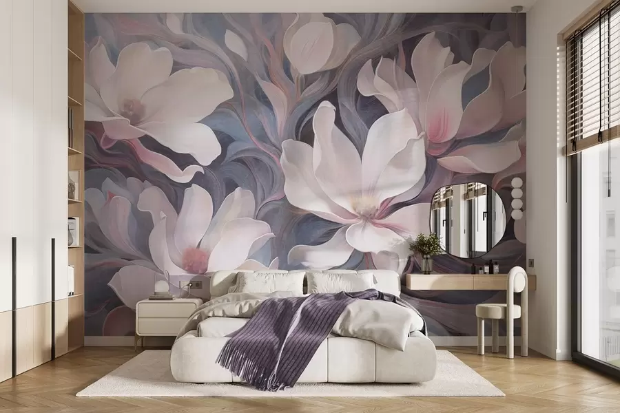 Fototapete Strukturiertes Gemälde mit weißen Magnolienblüten mit rosa Akzenten vor einem Hintergrund aus wirbelnden, gedämpften Blau- und Grautönen w09344