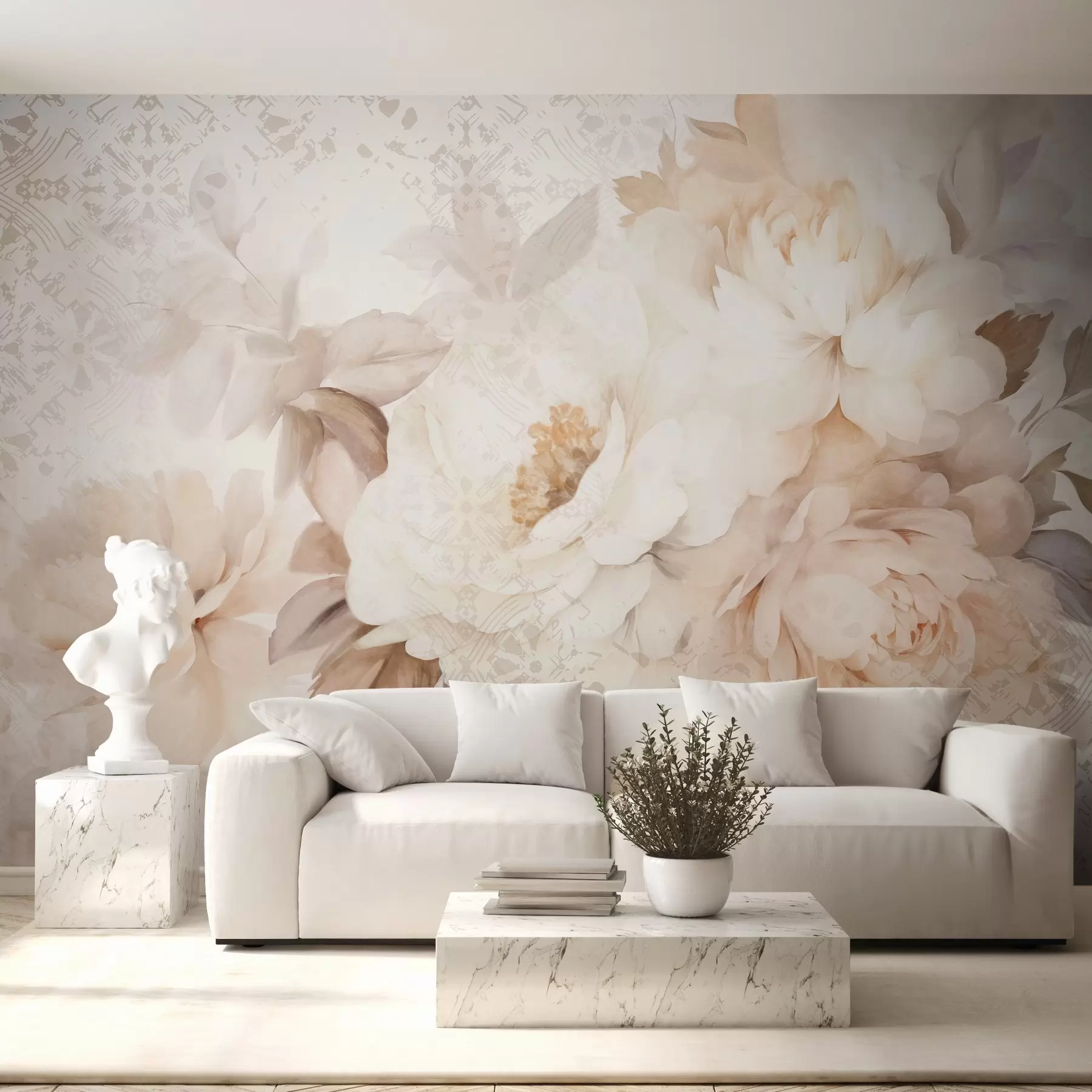 Fototapete Ein Blumenarrangement aus weißen Pfingstrosen mit beigen Blättern vor einem dekorativen Hintergrund mit einer Vintage-Struktur w09345