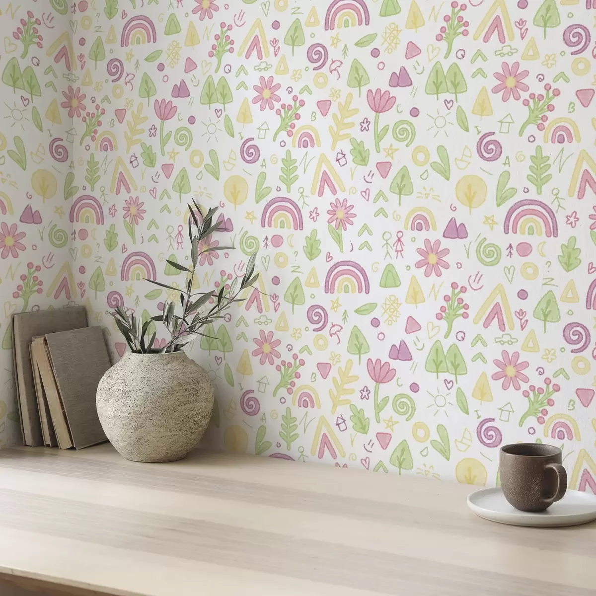 Tapete Kinderzeichnung mit Regenbögen, Blumen und Bäumen a00296