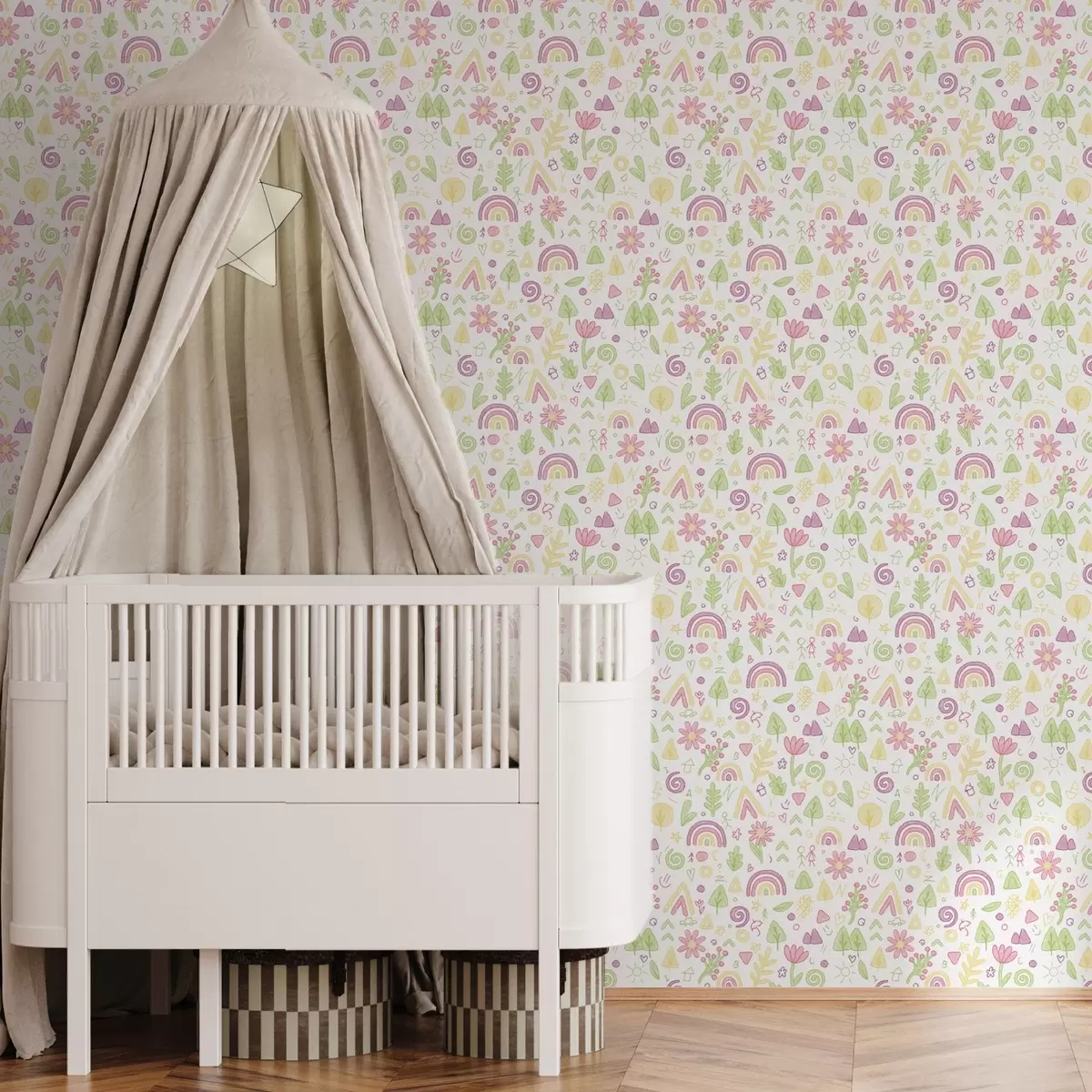 Tapete Kinderzeichnung mit Regenbögen, Blumen und Bäumen a00296