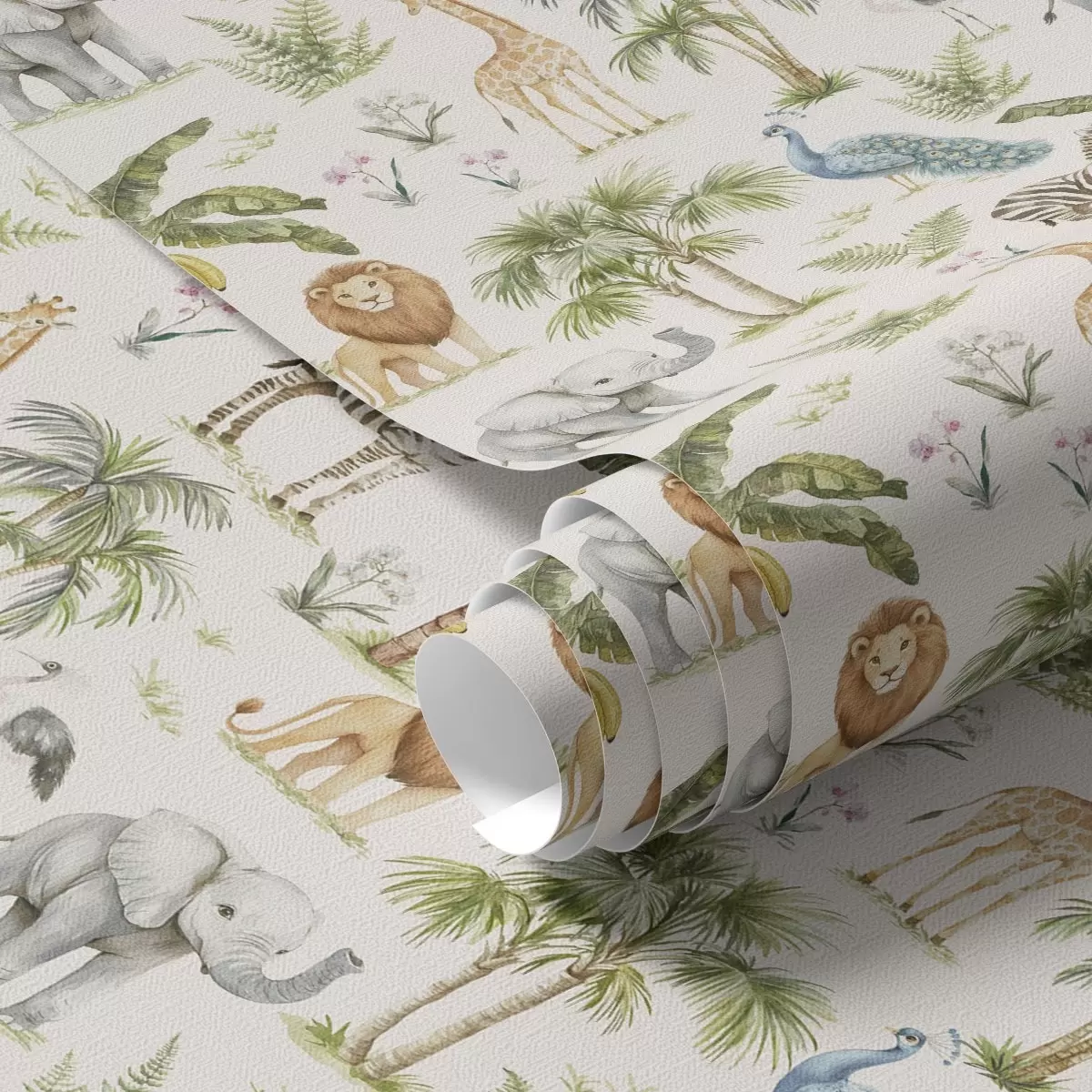 Tapete Afrikanische Tiere zwischen Palmen und exotischen Pflanzen a00321