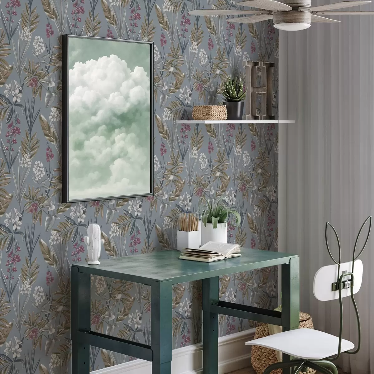 Tapete Florale Zweige auf blau-grauem Hintergrund a00350