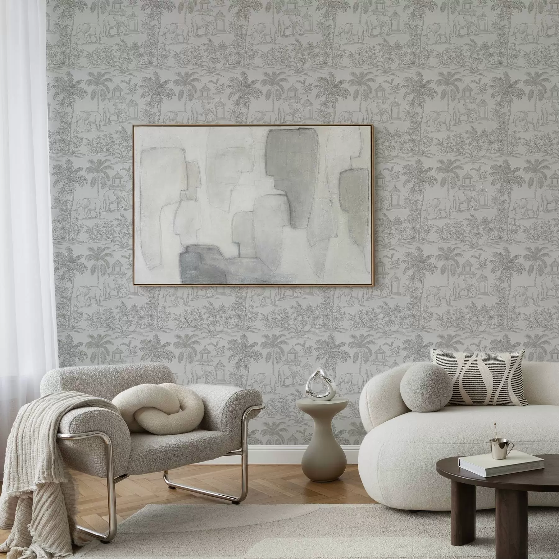 Fototapete Monochrome Elefanten und Dschungel im grafischen Stil a00410