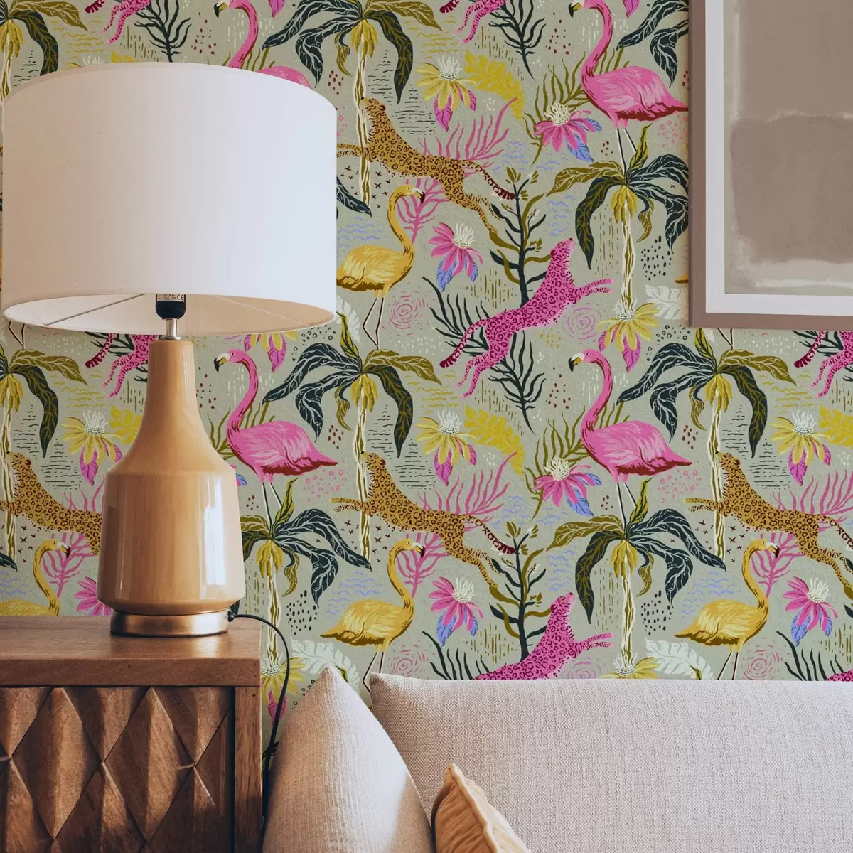Tapete Leuchtende Flamingos und Leoparden zwischen tropischen Pflanzen a00470