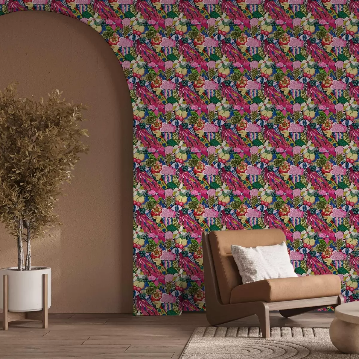 Tapete Abstrakte Pop-Art mit Blumen, Beeren und Mustern a00471