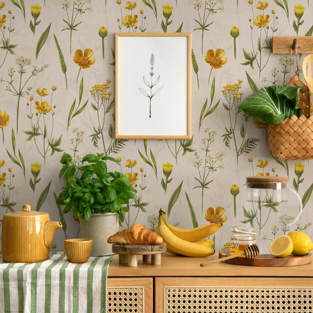 Tapete Gelbe Blumen und Grünzeug auf beigem Hintergrund a00472v2