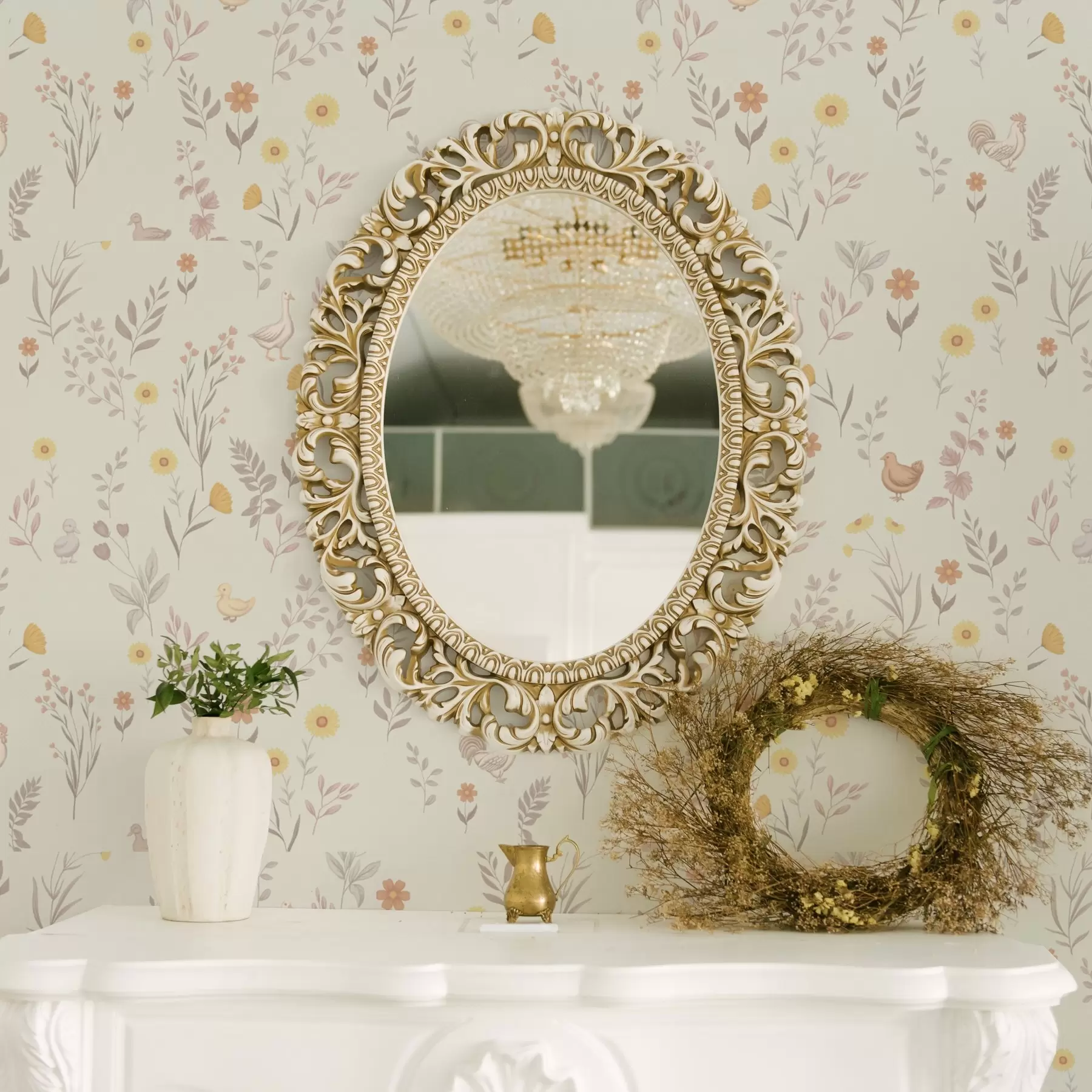 Fototapete Feldblumen und Hühner in sanften Pastelltönen a00478