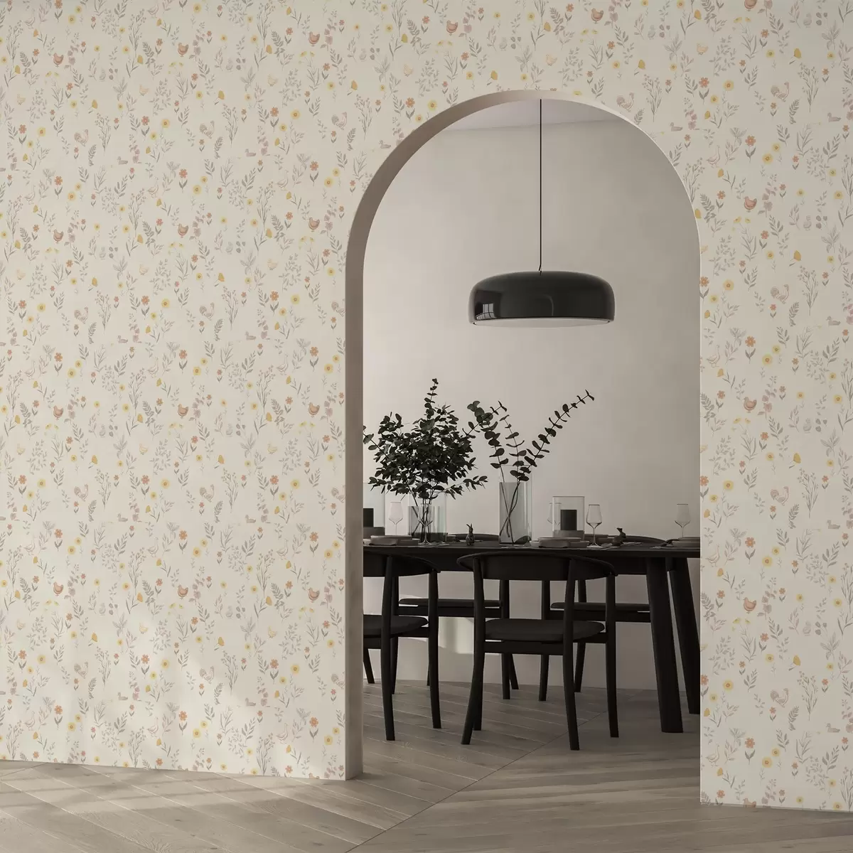 Tapete Feldblumen und Hühner in sanften Pastelltönen a00478