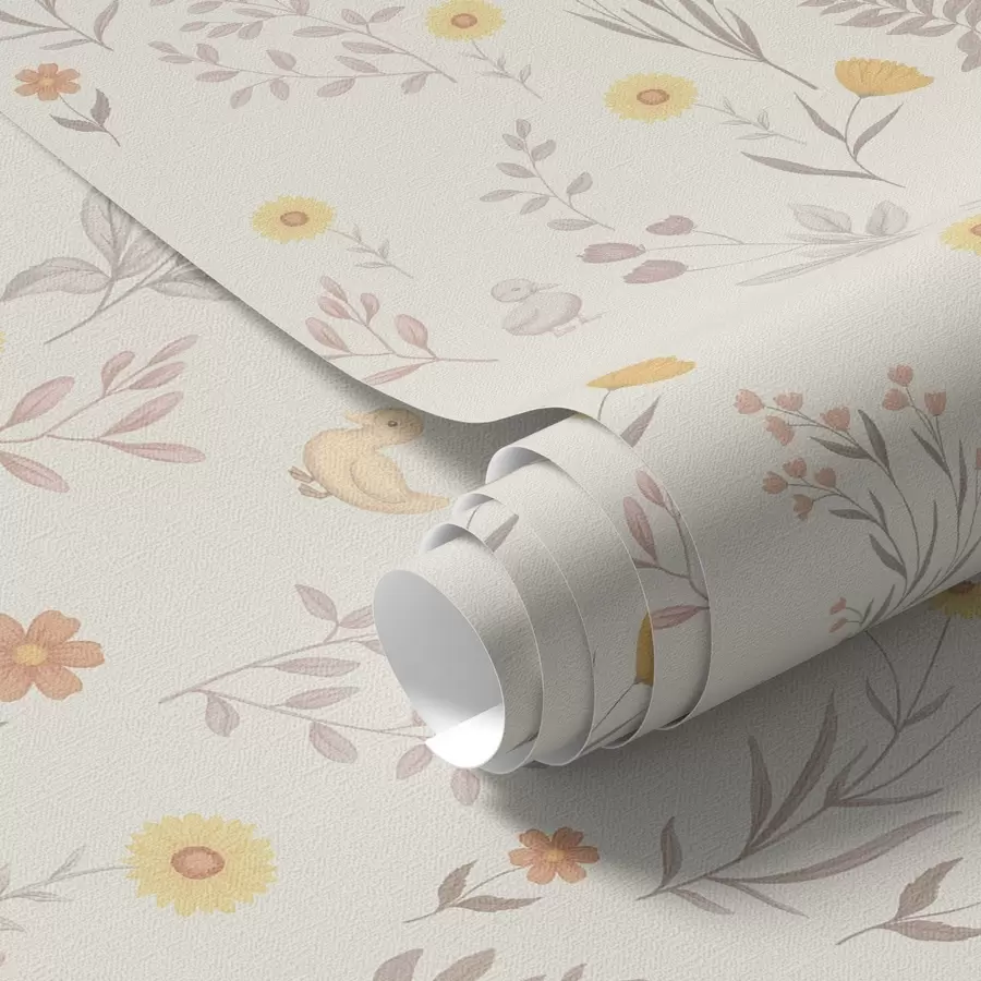 Fototapete Feldblumen und Hühner in sanften Pastelltönen a00478