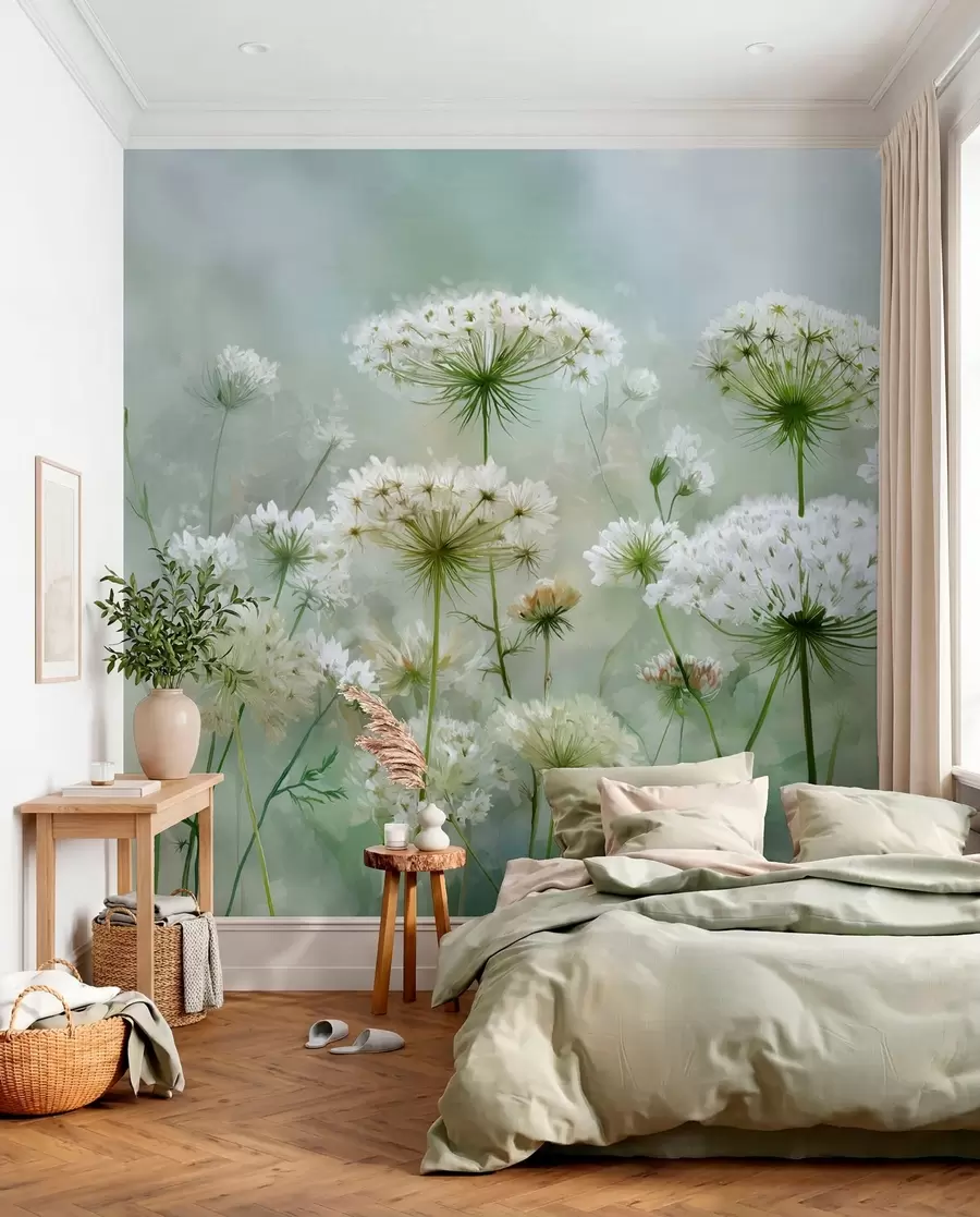 Fototapete zarte weiße Wildblumen Queen Anne, im malerischen Stil, Grüntöne w04313