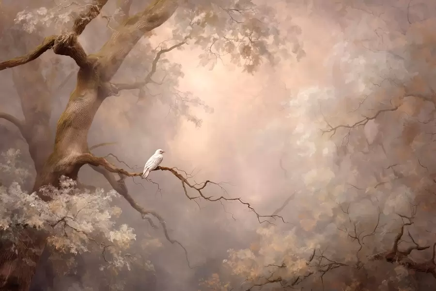 Fototapete mystischer Wald mit einem weißen Vogel w04314