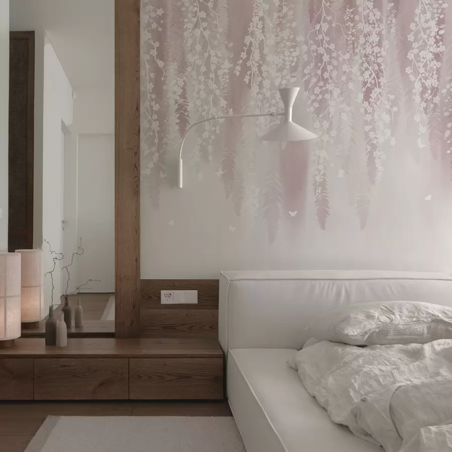 Fototapete Rosa Version der Zweige mit weißen Blüten w04417v1