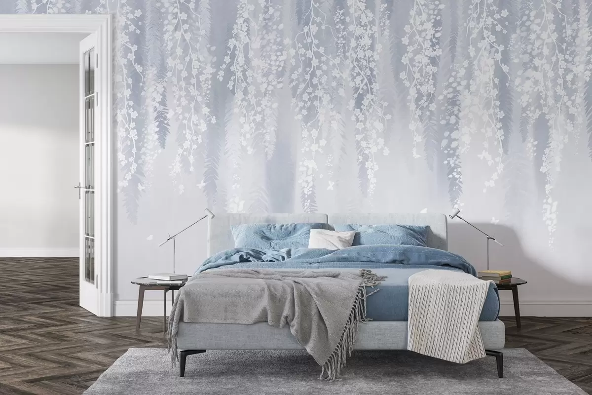 Fototapete Kühle blaue Version von Zweigen mit weißen Blüten w04417v2