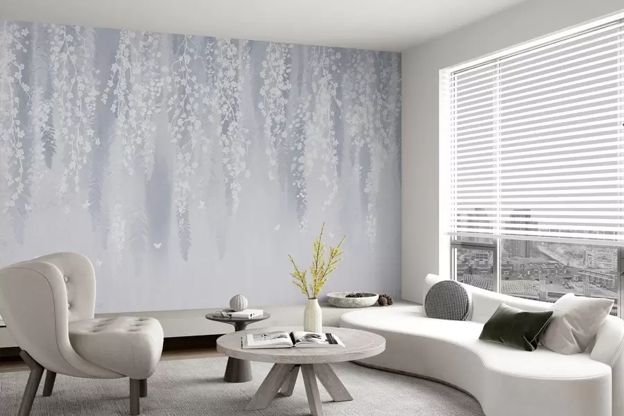 Fototapete Kühle blaue Version von Zweigen mit weißen Blüten w04417v2