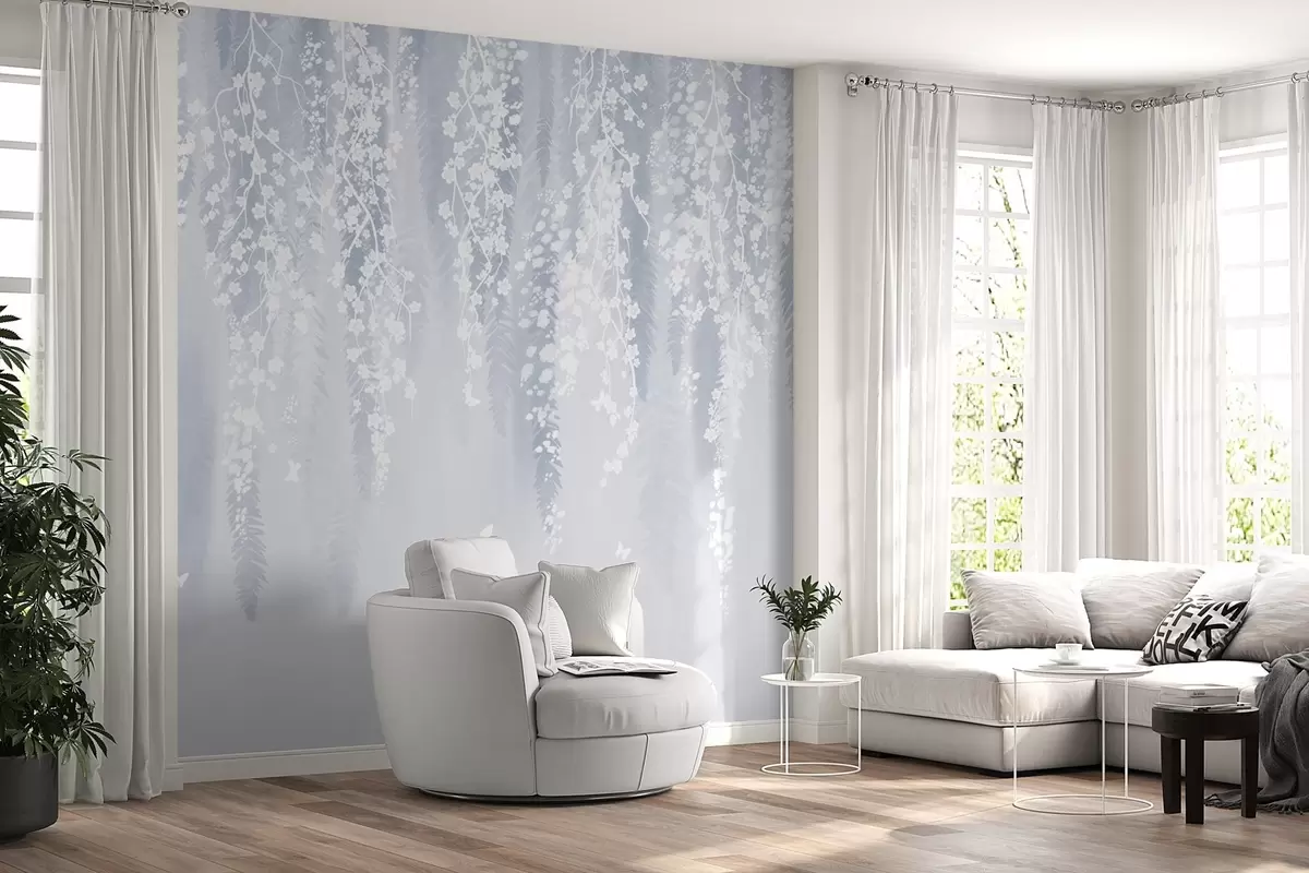 Fototapete Kühle blaue Version von Zweigen mit weißen Blüten w04417v2