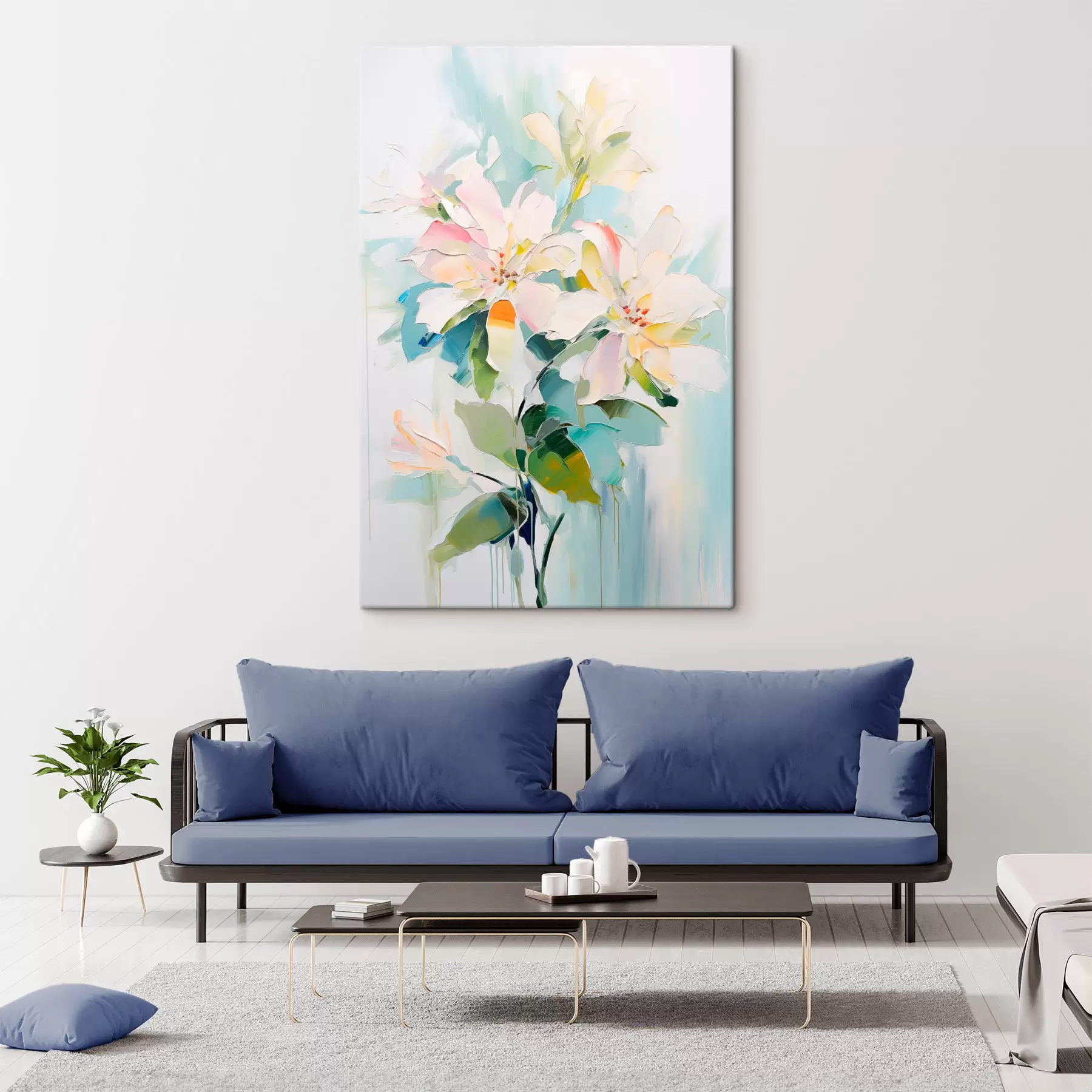 Fototapete Blumen mit bunten Akzenten, grüne Blätter, weiche Pinselstriche Ölgemälde Nachahmung, hellblauem Hintergrund s45549