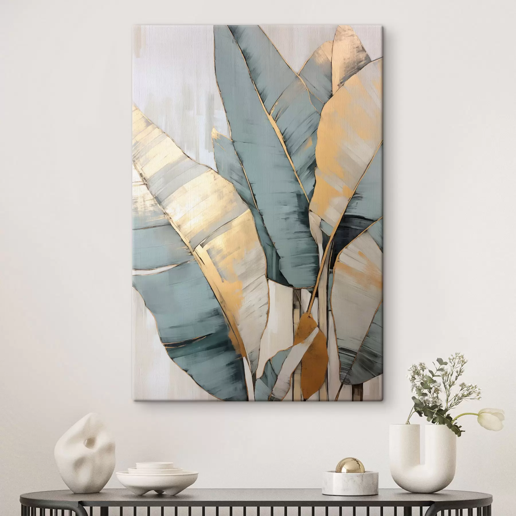 Fototapete Gedämpfte blaue, graue und gelbe Bananenblätter mit sichtbaren Pinselstrichen vor einem weißen abstrakten Hintergrund s45552