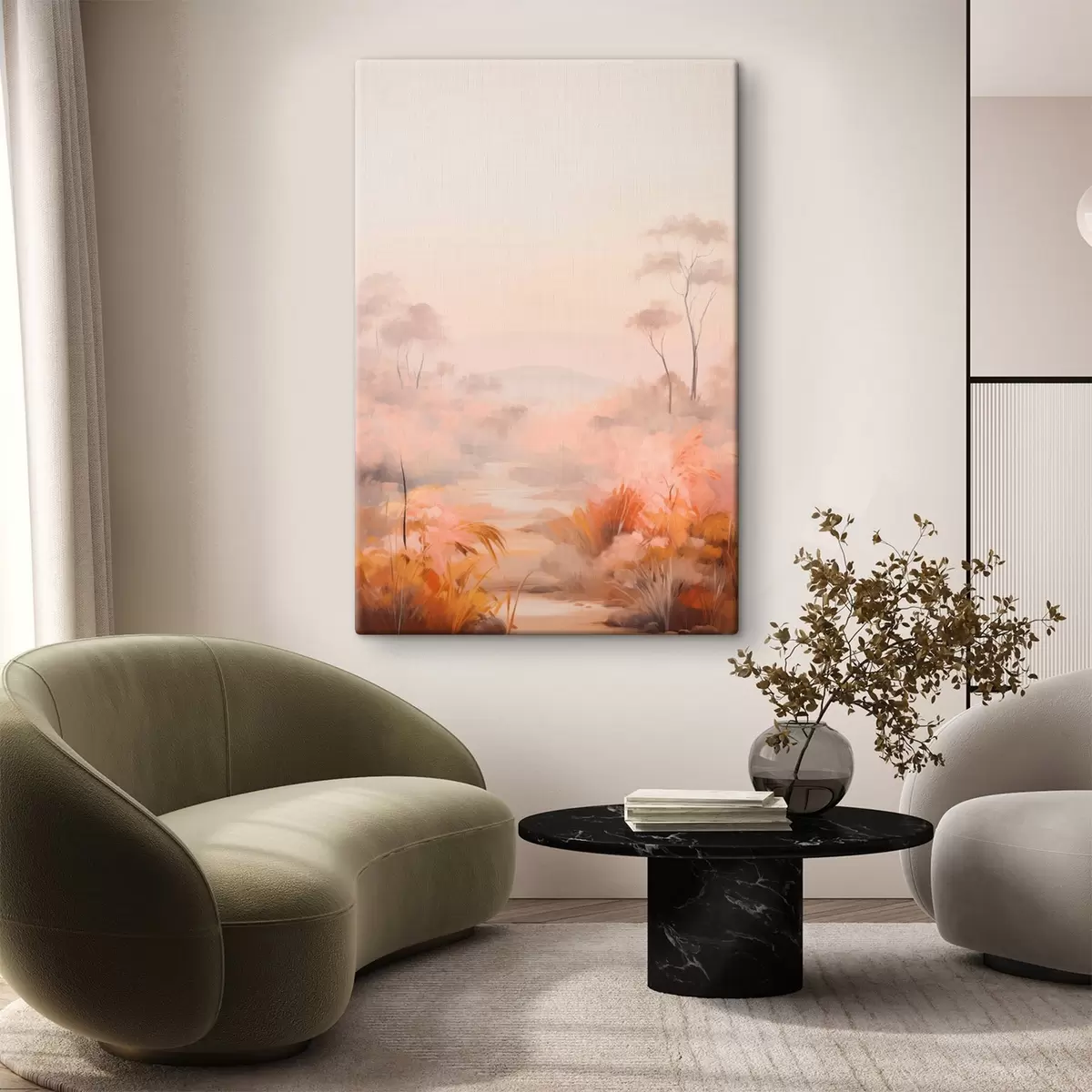 Fototapete Eine Landschaft mit Sträuchern und Bäumen in Rosa-, Orange- und Brauntönen, mit Bergen im Hintergrund s45553