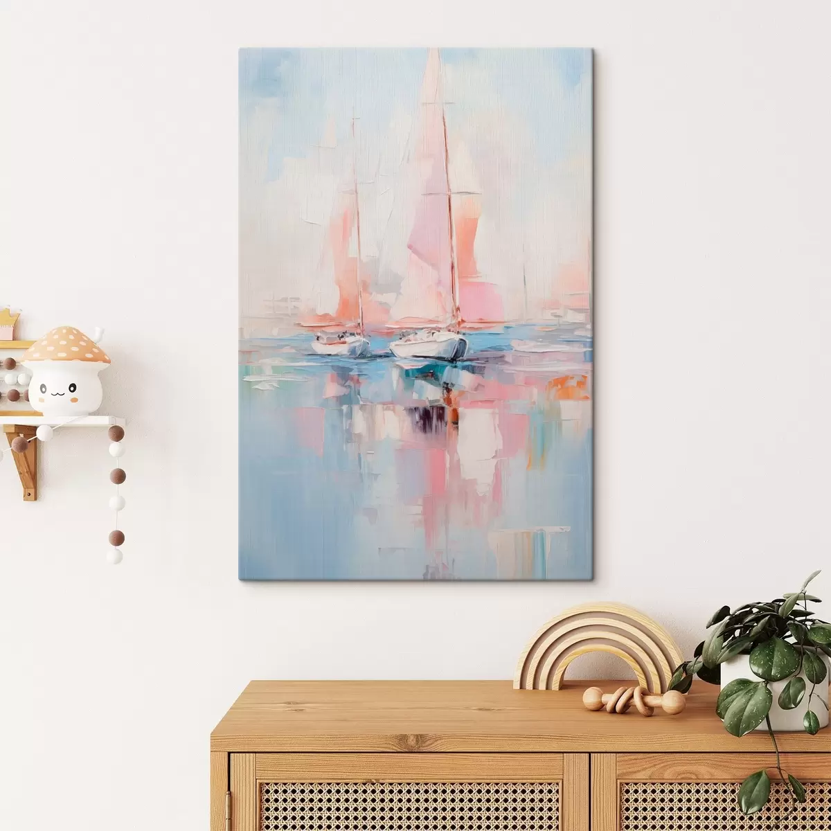 Fototapete Segelboote mit rosafarbenen Segeln, die auf einer ruhigen See treiben, Spiegelungen der Boote im Wasser, sanfte Pastellfarben s45557