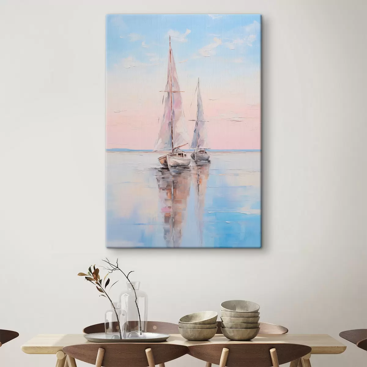 Fototapete Segelboote mit rosafarbenen Segeln, die auf einer ruhigen See treiben, Spiegelungen der Boote im Wasser, sanfte Pastellfarben s45558