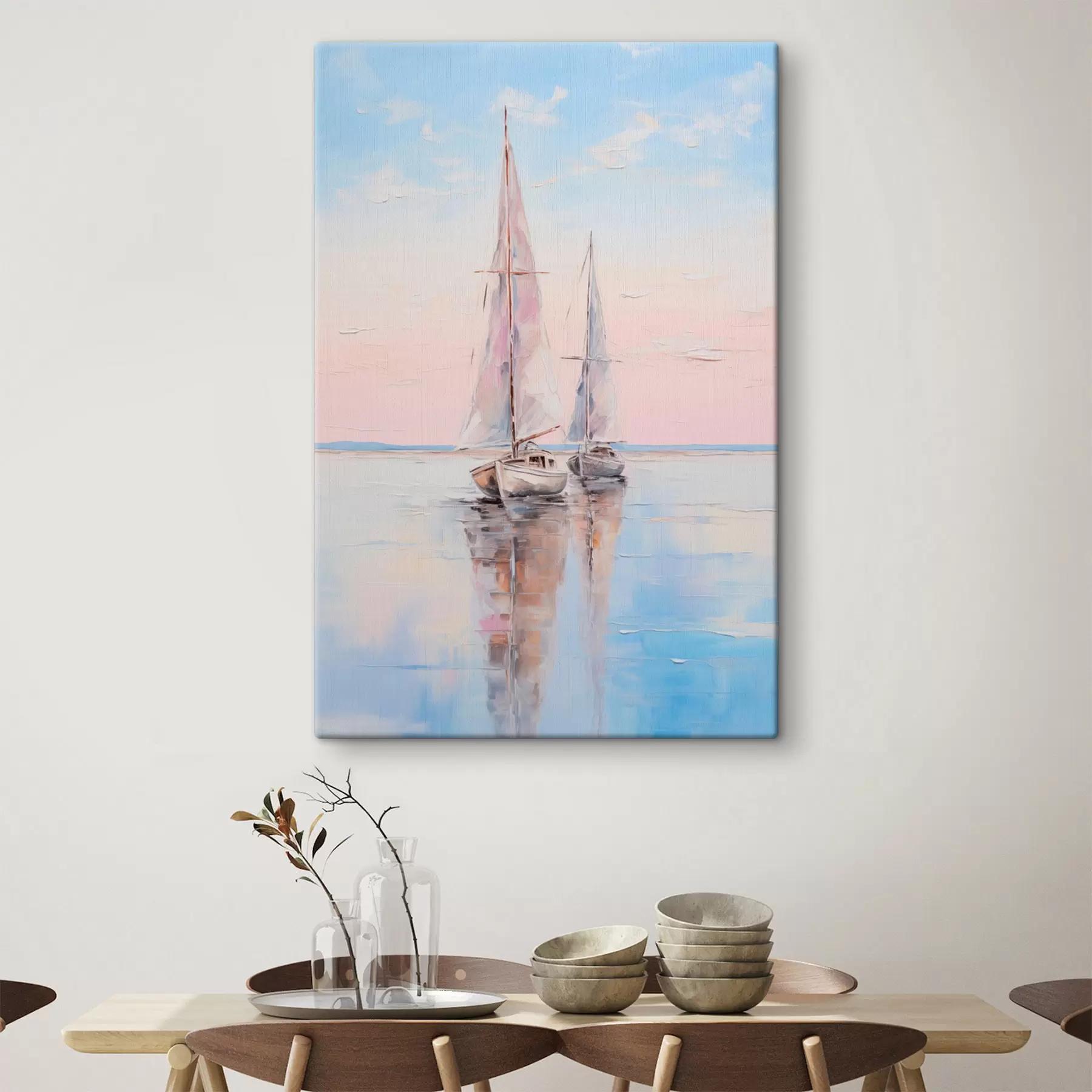 Fototapete Segelboote mit rosafarbenen Segeln, die auf einer ruhigen See treiben, Spiegelungen der Boote im Wasser, sanfte Pastellfarben s45558