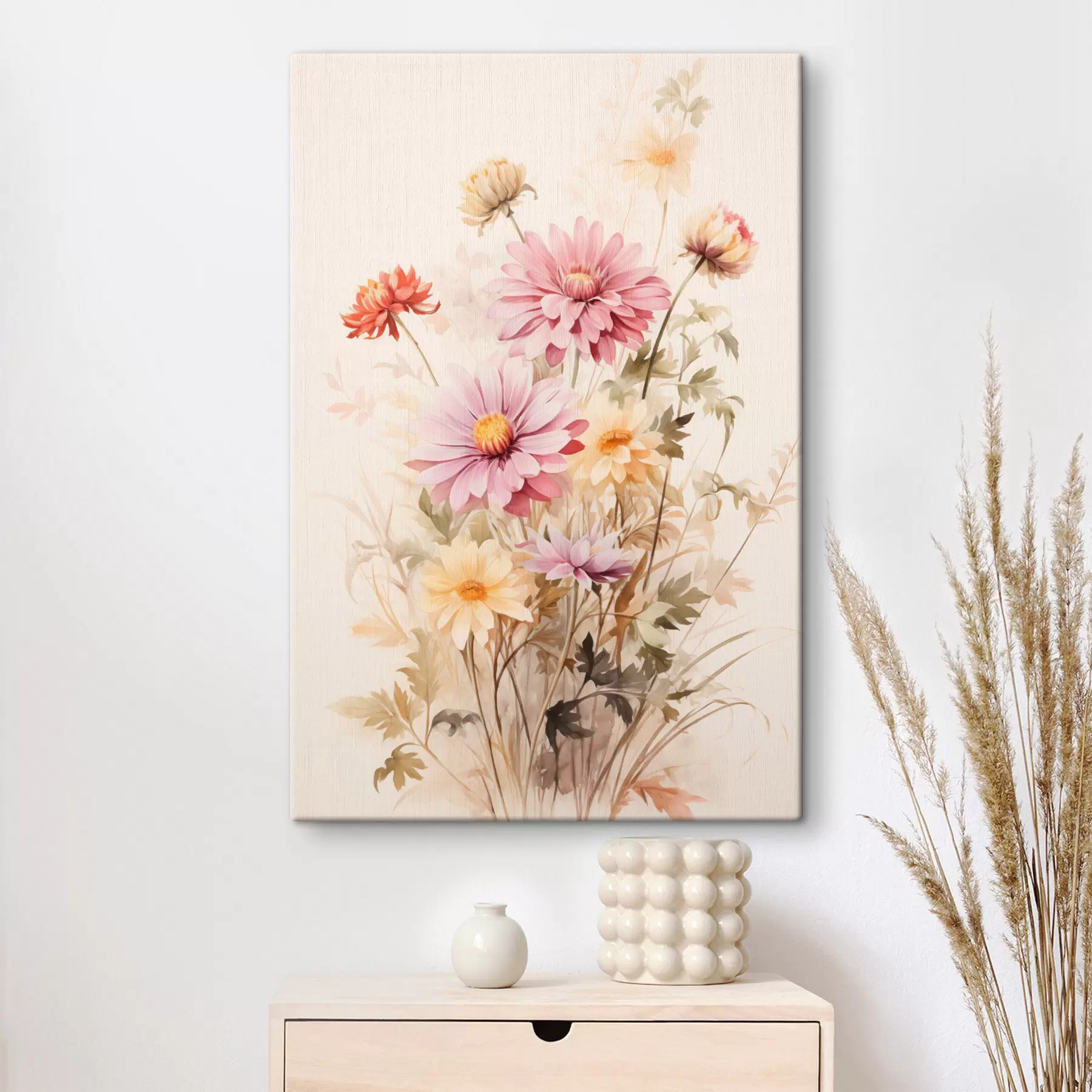Fototapete Ein Blumenstrauß aus bunten Blumen, weichen Aquarell-Stil, auf einem hellen Hintergrund, botanische Illustration  s45560