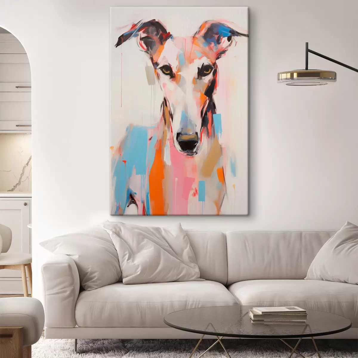 Fototapete Ein Windhund, gemalt mit leuchtenden Farben wie Orange, Rosa und Blau, vor einem schlichten weißen Hintergrund s45565
