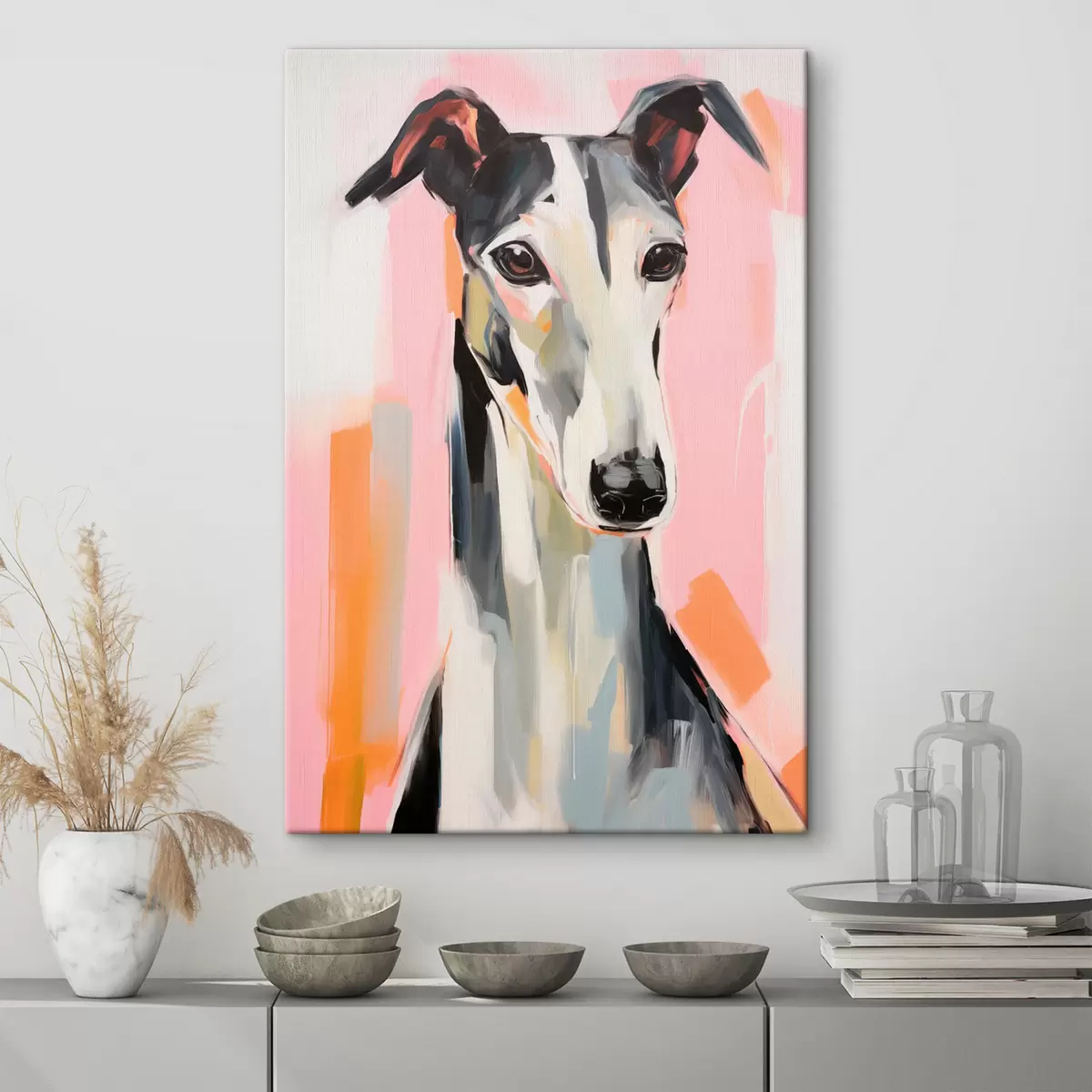 Fototapete Ein Windhund vor einem Hintergrund aus rosa, orangefarbenen und weißen Pinselstrichen s45566