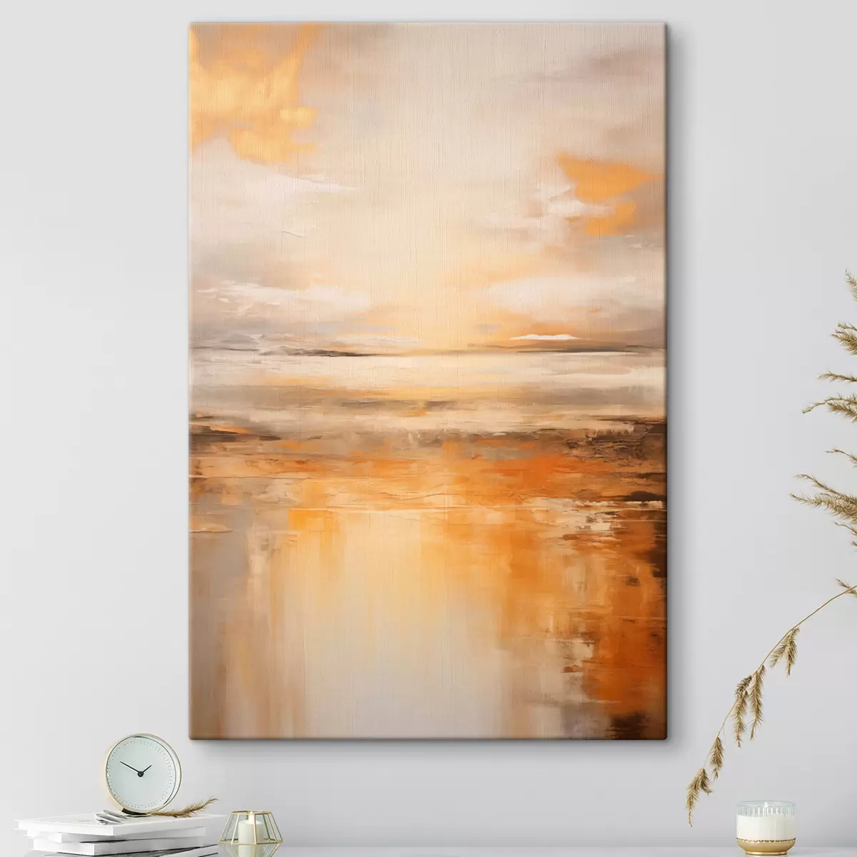 Fototapete Ein abstraktes Gemälde von einer Strandlandschaft mit einem ruhigen Meer, orangefarbenem Sand und einem bewölkten Himmel mit Sonne s45567