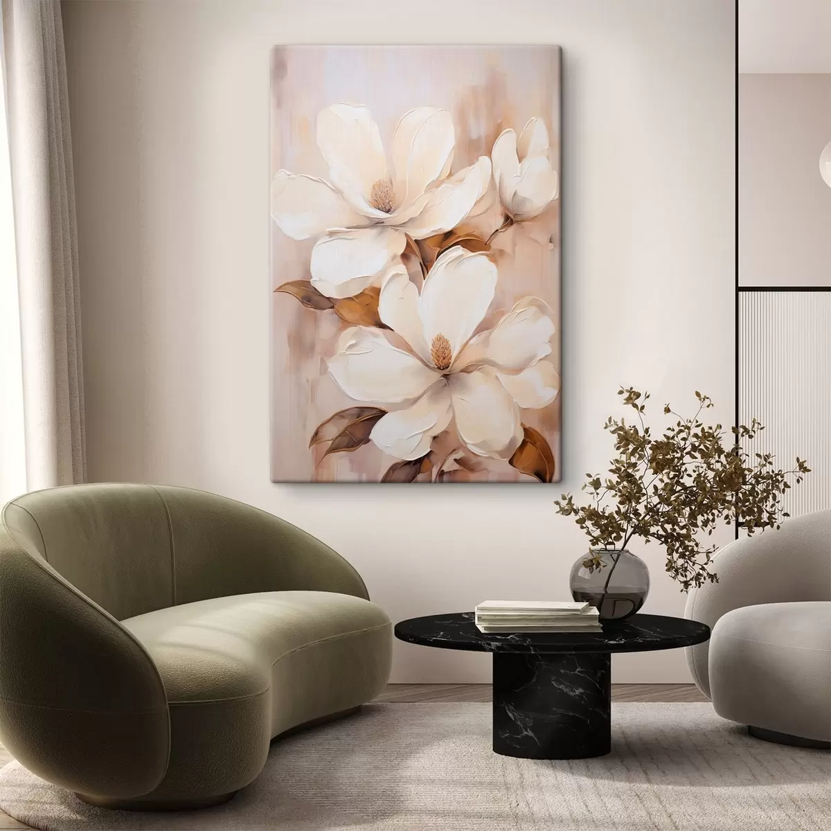 Fototapete Weiße Magnolienblüten vor einem weichen, unscharfen Hintergrund aus Beige- und Brauntönen, Malstil s45572