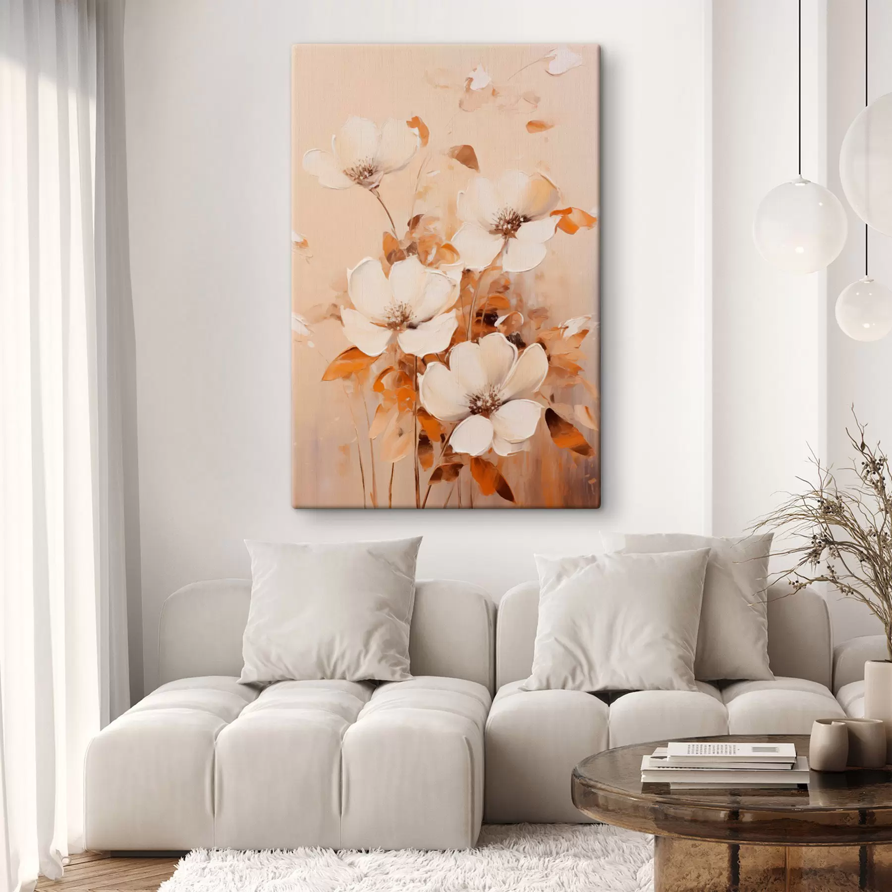 Fototapete Weiße Blumen mit orangefarbenen Blättern, zarte Pinselstriche, warme Farbpalette, elegante Komposition s45573