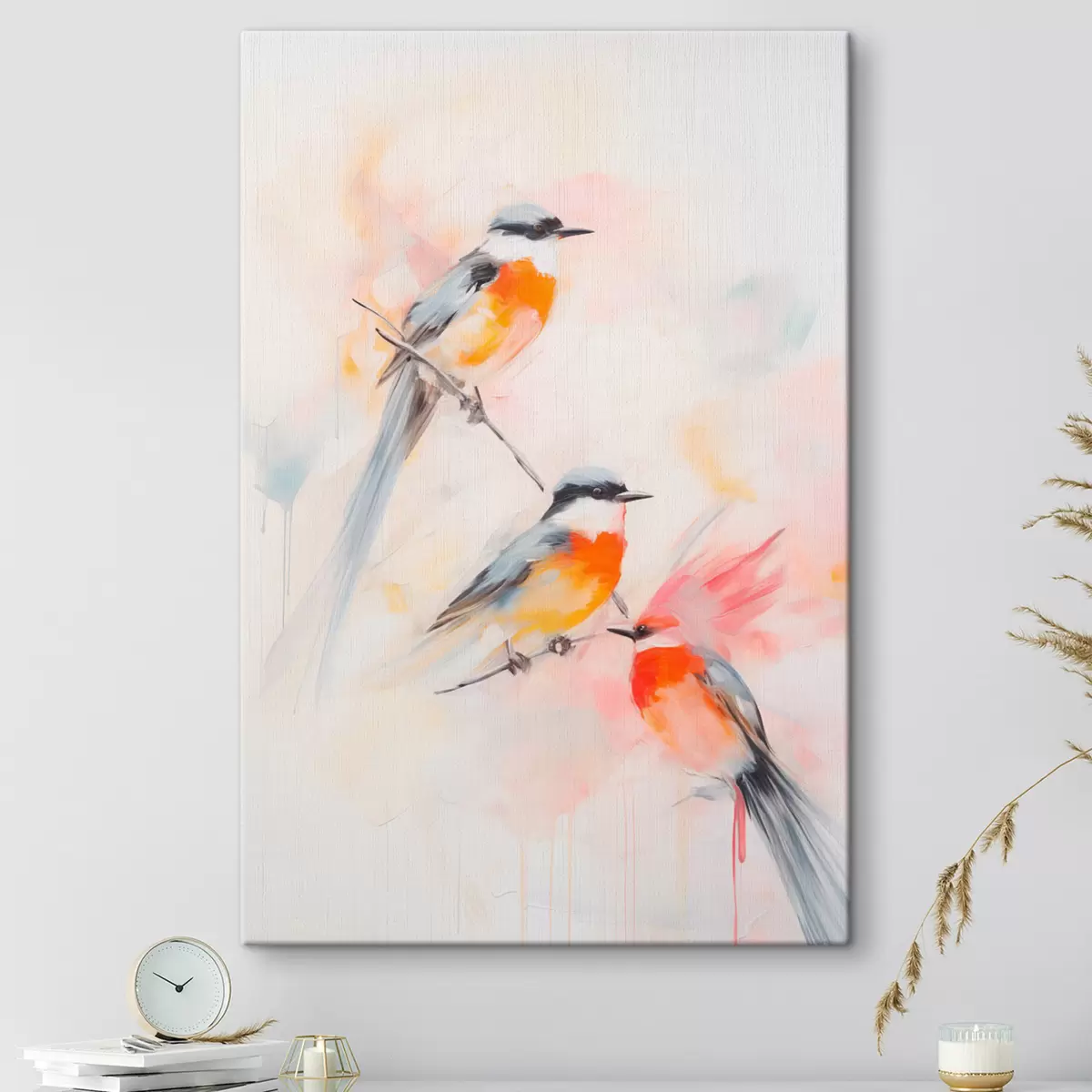 Fototapete Vögel auf Zweigen, weiche Pastellfarben, heller Hintergrund mit rosa und weißen Farbtönen s45577
