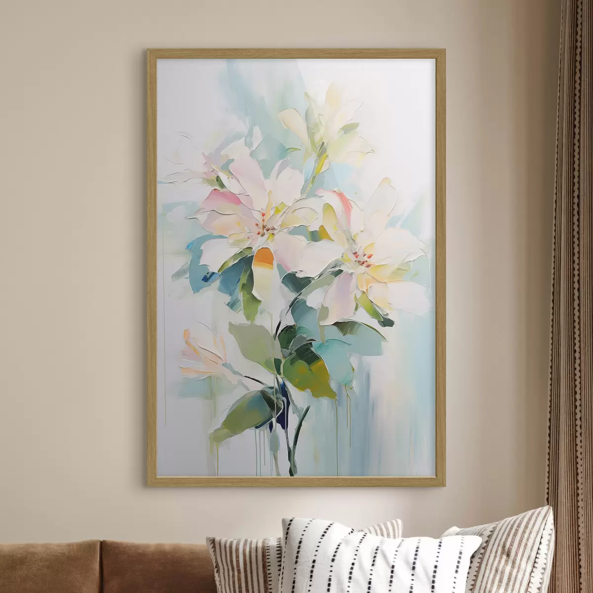 Poster Blumen mit bunten Akzenten, grüne Blätter, weiche Pinselstriche Ölgemälde Nachahmung, hellblauem Hintergrund f45549
