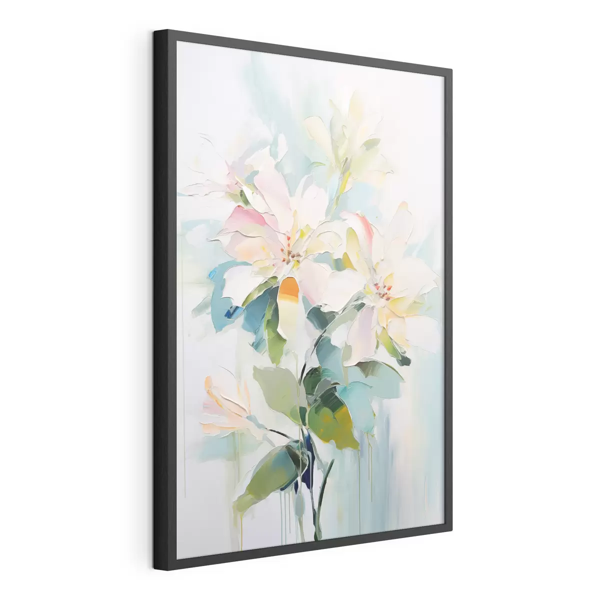 Poster Blumen mit bunten Akzenten, grüne Blätter, weiche Pinselstriche Ölgemälde Nachahmung, hellblauem Hintergrund f45549