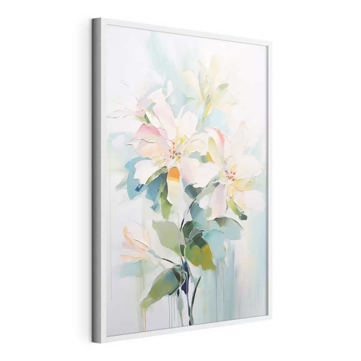 Poster Blumen mit bunten Akzenten, grüne Blätter, weiche Pinselstriche Ölgemälde Nachahmung, hellblauem Hintergrund f45549