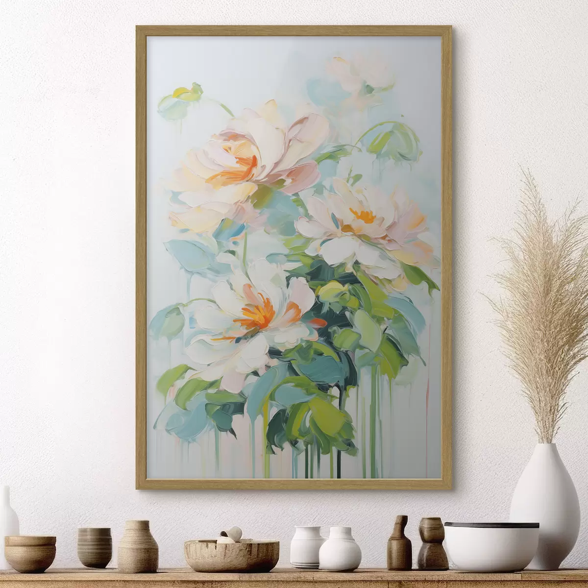 Poster Weiß und Pastell Pfirsich Blumen, grüne Blätter, weiche Pinselstriche Ölgemälde Nachahmung, hellblauem Hintergrund f45550