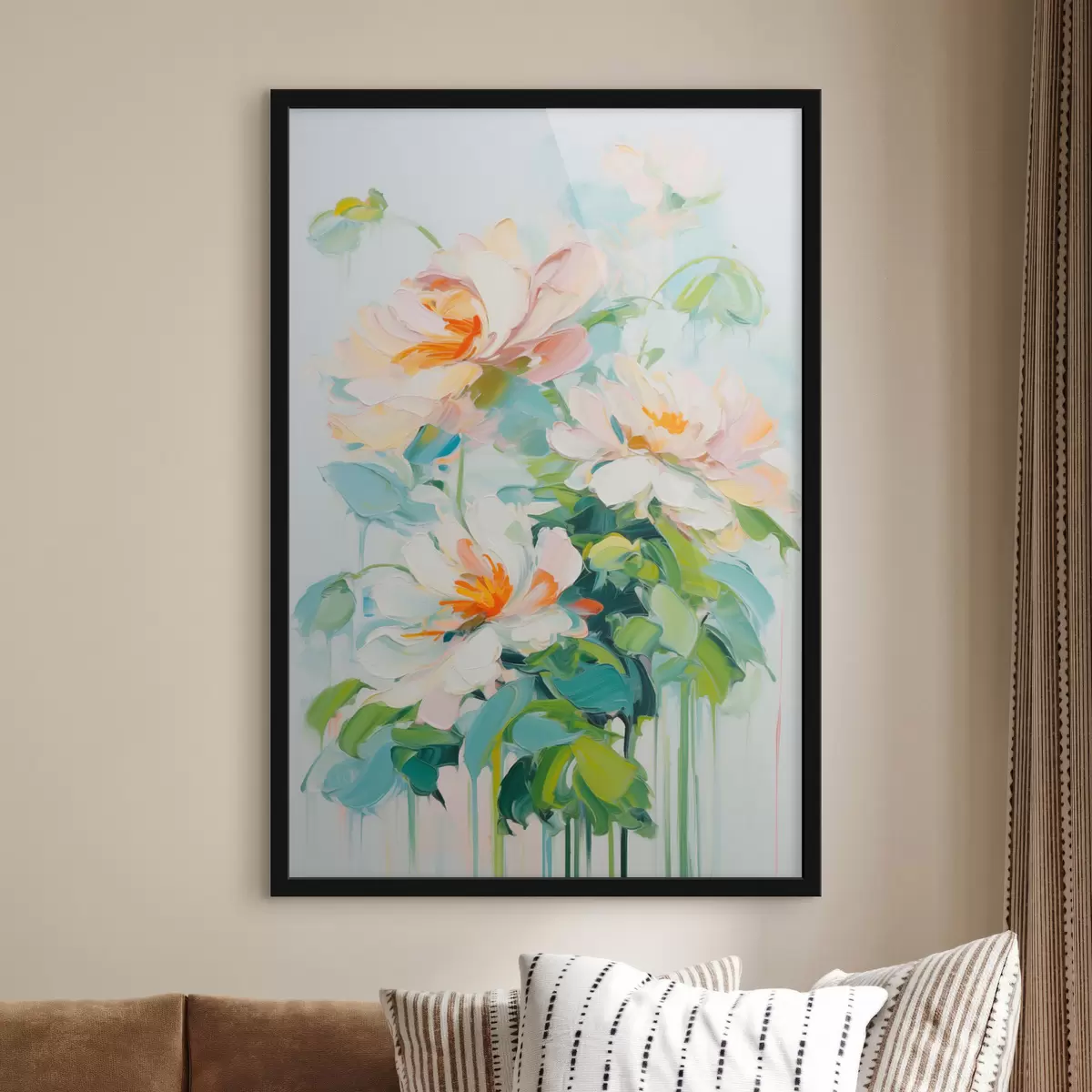 Poster Weiß und Pastell Pfirsich Blumen, grüne Blätter, weiche Pinselstriche Ölgemälde Nachahmung, hellblauem Hintergrund f45550