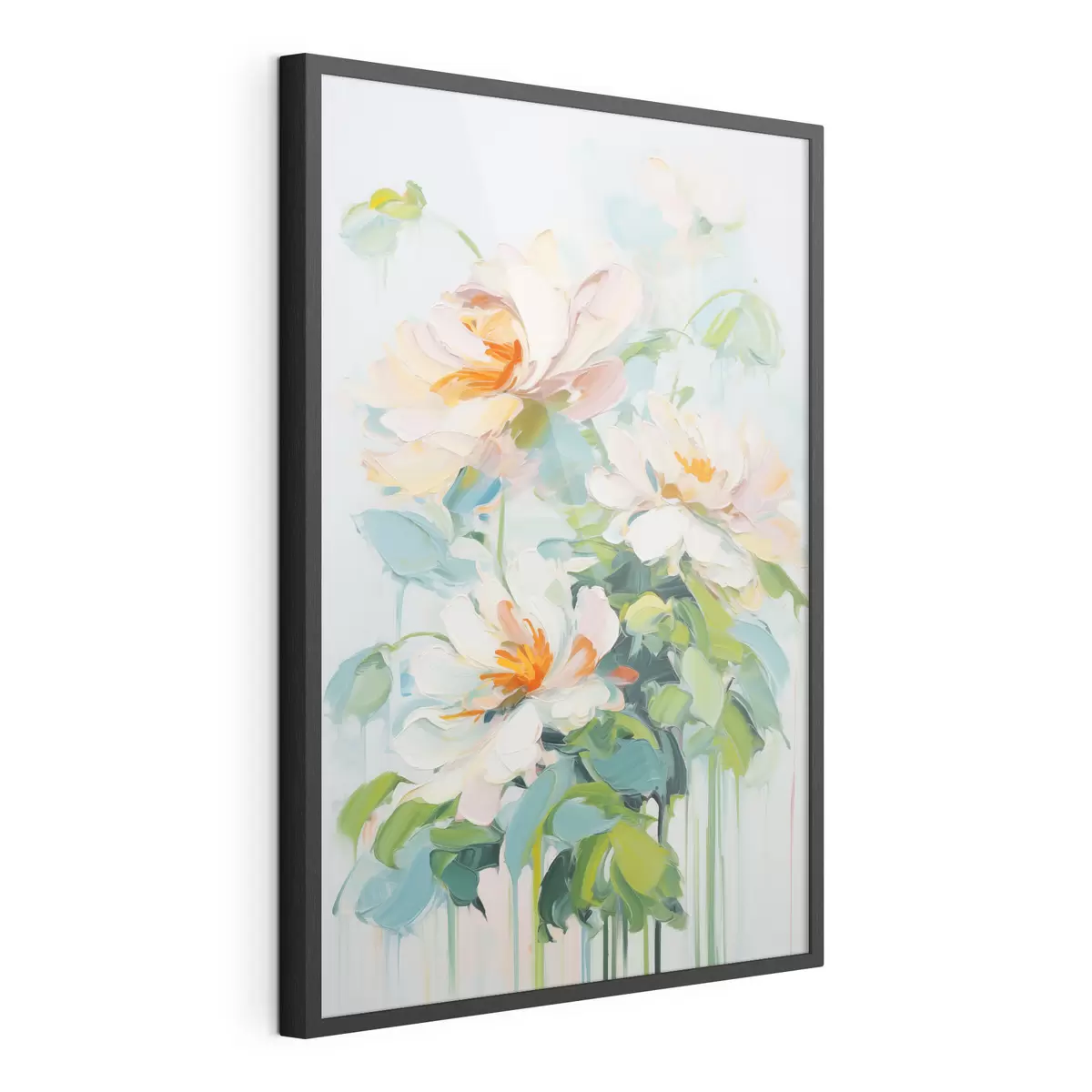 Poster Weiß und Pastell Pfirsich Blumen, grüne Blätter, weiche Pinselstriche Ölgemälde Nachahmung, hellblauem Hintergrund f45550