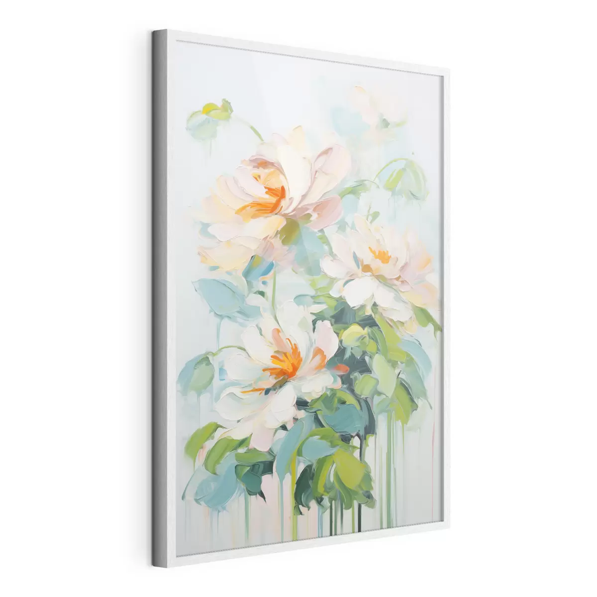 Poster Weiß und Pastell Pfirsich Blumen, grüne Blätter, weiche Pinselstriche Ölgemälde Nachahmung, hellblauem Hintergrund f45550