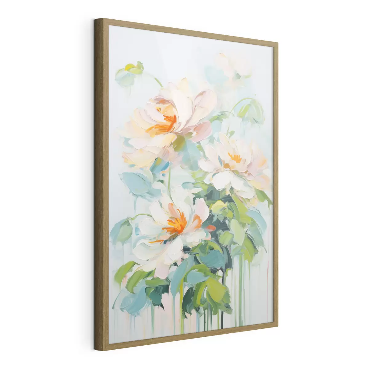 Poster Weiß und Pastell Pfirsich Blumen, grüne Blätter, weiche Pinselstriche Ölgemälde Nachahmung, hellblauem Hintergrund f45550