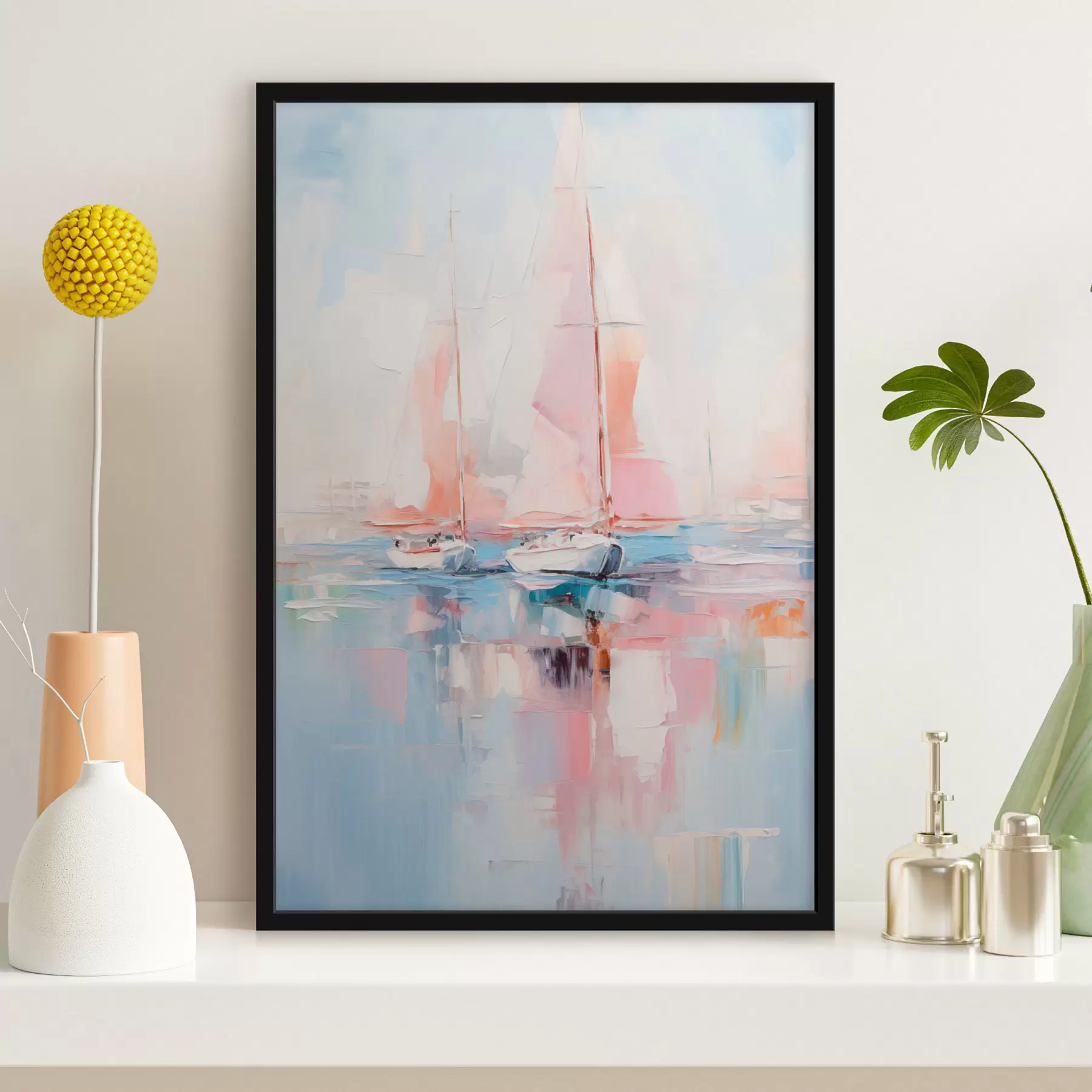 Fototapete Segelboote mit rosafarbenen Segeln, die auf einer ruhigen See treiben, Spiegelungen der Boote im Wasser, sanfte Pastellfarben f45557